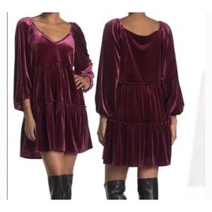 Betsey Johnson Velvet Burgundy Tiered Puff Long Sleeve Mini Dress Medium